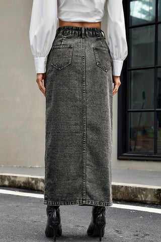 Button-Front Denim Midi Skirt