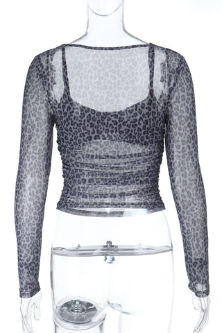 Ruched Mesh Long Sleeve Blouse