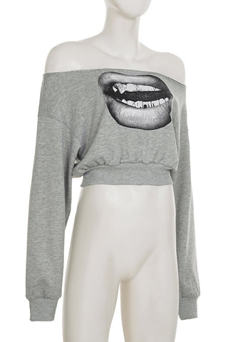 Graphic Lip Print Off-Shoulder Top