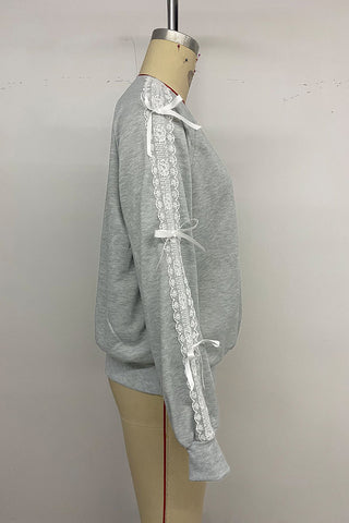 Lace Trim Sweatshirt with Bow Details