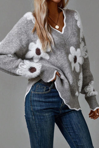 Floral Pattern V-Neck Sweater