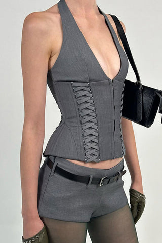 Halter Lace-Up Corset Short Set