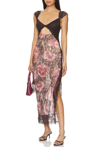 Cut-Out Floral Dress with Lace Trim