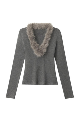 Fuzzy-Trim Long Sleeve Top