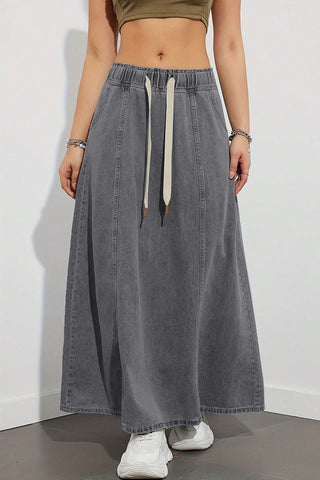 Drawstring Denim Maxi Skirt