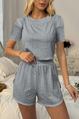 Eyelet Crop Top and Elastic Waist Shorts Set