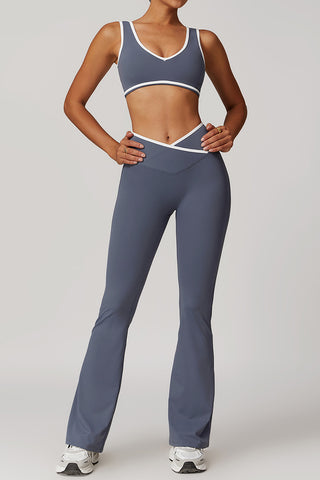 Plunge Neck Two-Piece Flared Pants Set