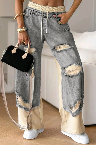 Distressed Straight-Leg Jeans with Drawstring