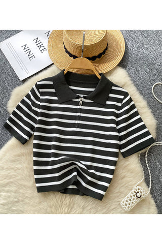 Striped Polo T-Shirt with Zip Detail