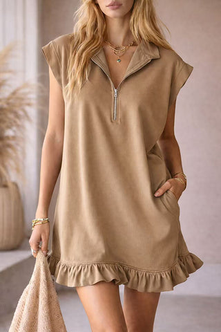 Zip-Front Ruffled Casual Dress
