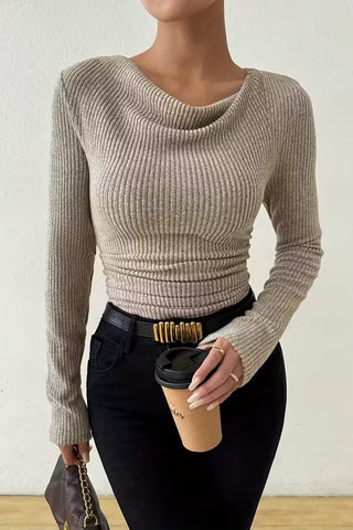 Ribbed Draped Neck Knit Top