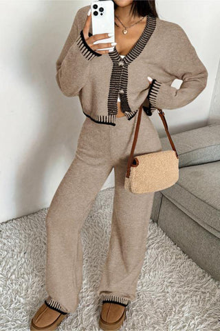 Stylish Cropped Knit Cardigan and Pants Set