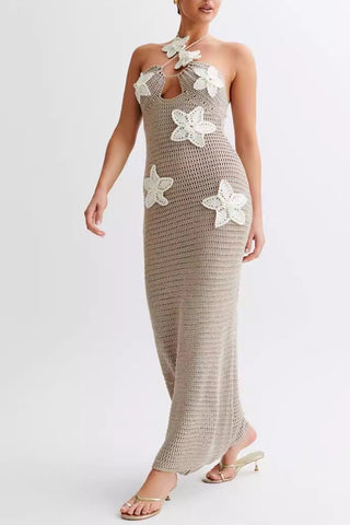 Floral Applique Halter Bodycon Dress