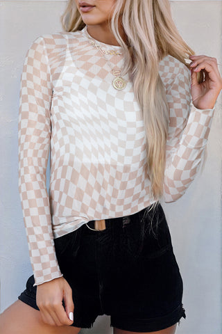 Black Checkered Pattern Mesh Mock Neck Long Sleeve Top