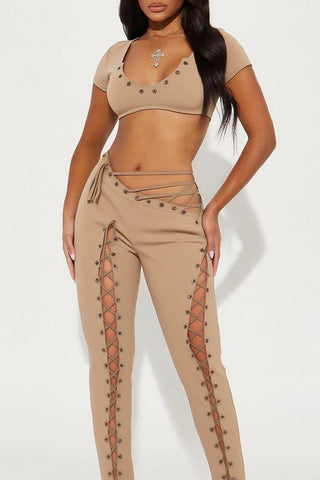 Eyelet Lace-Up Crop Top and Pants Set