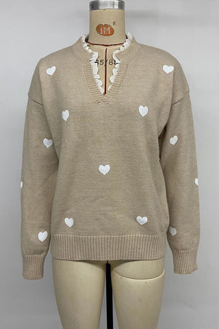 Heart Patterned V-Neck Sweater