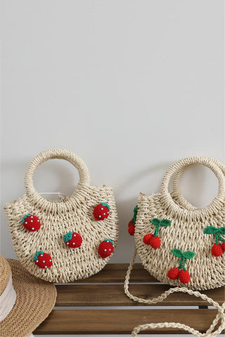 Straw Tote with Strawberry Embellishments