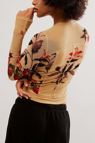 Floral Long-Sleeve Mesh Blouse