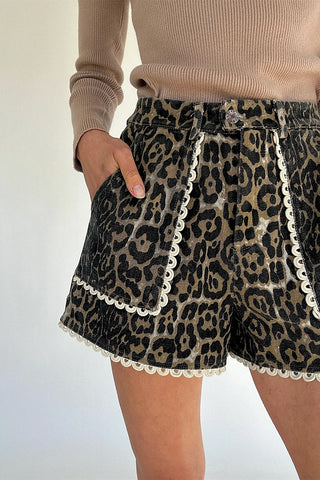 Leopard Contrast Trim Denim Shorts