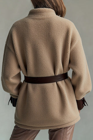 Belted Sherpa Jacket with Leather Accents