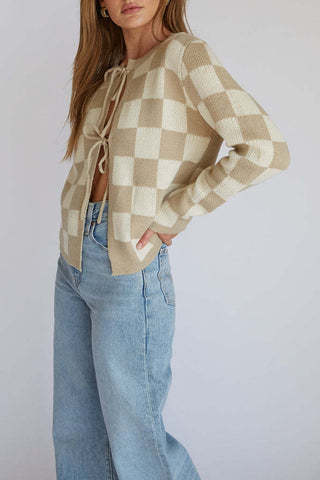 Checkered Tie-Front Cardigan