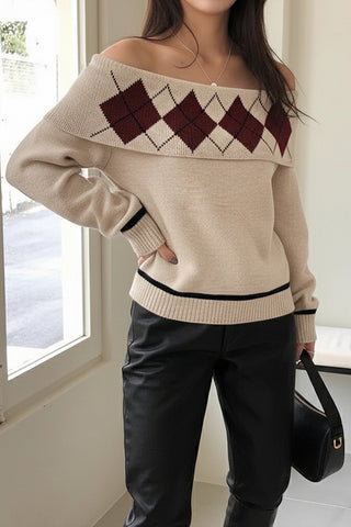 Off-Shoulder Argyle Knit Sweater