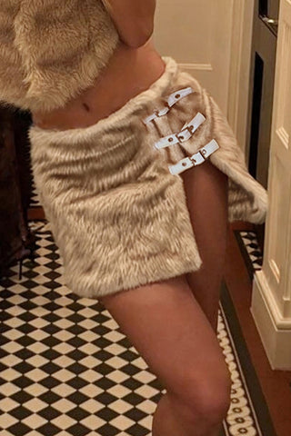 Faux Fur Mini Skirt with Buckle Details