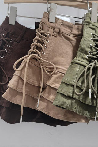 Layered Ruffle Lace-Up Mini Skirt