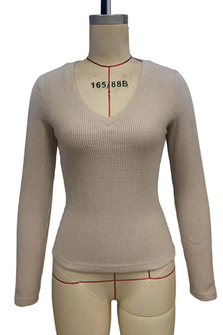 V-Neck Long Sleeve Ribbed Top