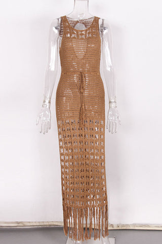 Sleeveless Crochet Dress with Fringe Hem