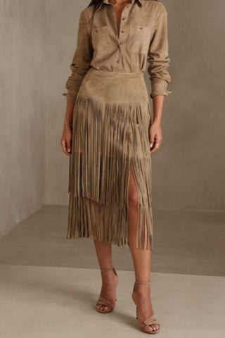 Fringe Hem Midi Skirt with Side Slit
