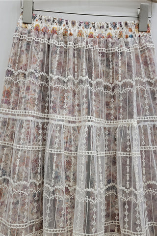 Tiered Lace Overlay Midi Skirt