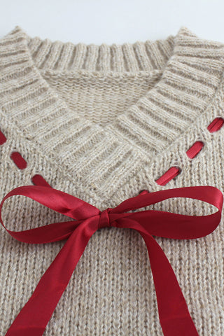V-Neck Sweater with Decorative Ribbon