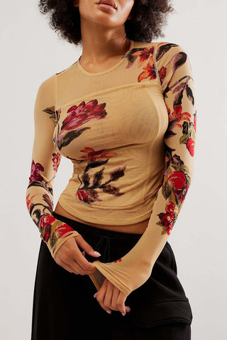 Floral Long-Sleeve Mesh Blouse