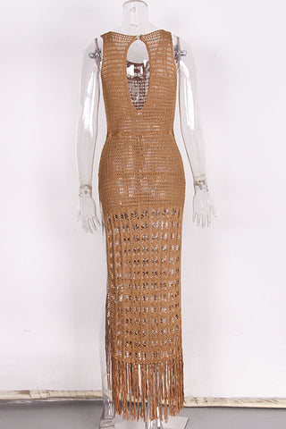 Sleeveless Crochet Dress with Fringe Hem