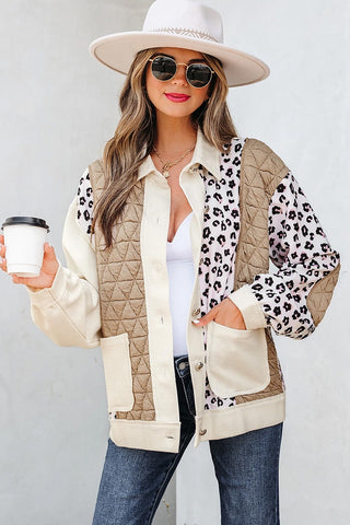 Leopard Waffle Quilted Patchwork Button Jacket