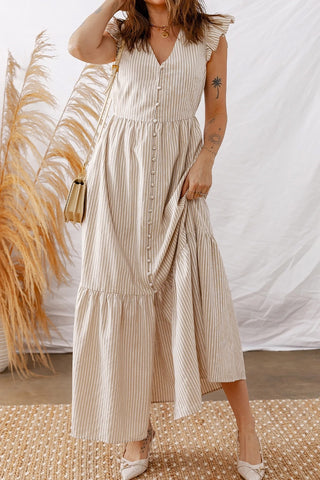 Stripe Flutter Sleeve Buttoned Slit Dress