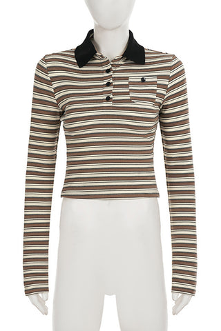 Striped Long Sleeve Polo Top