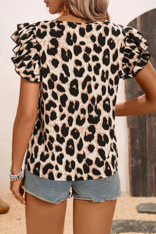 Leopard Flutter Sleeve Blouse
