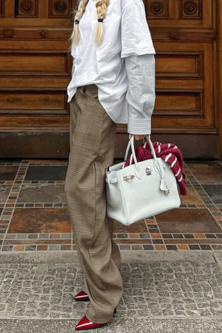 Wide-Leg Checked Casual Pants