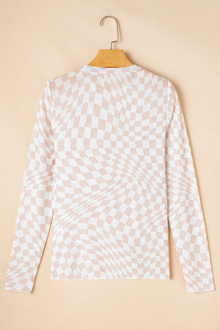 Black Checkered Pattern Mesh Mock Neck Long Sleeve Top