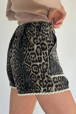 Leopard Contrast Trim Denim Shorts