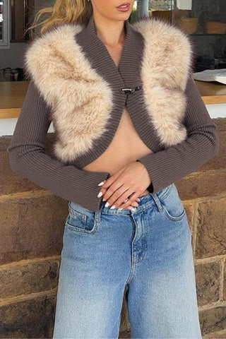 Plush Panel Ribbed Sleeve Cropped Jacket