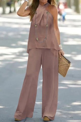 Halter Neck Top and Wide Leg Pants Set