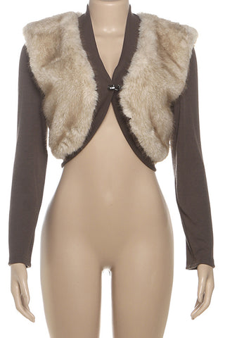 Plush Panel Ribbed Sleeve Cropped Jacket