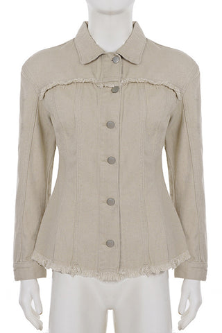 Frayed Hem Button-Front Denim Jacket