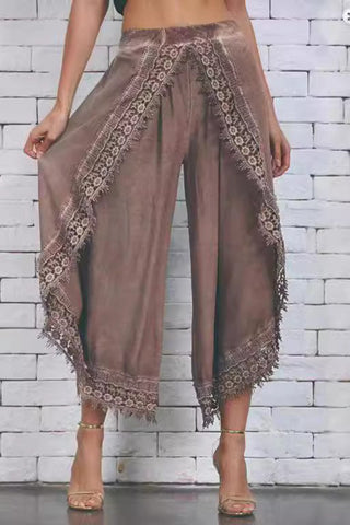 Lace Trim Wide-Leg Casual Pants