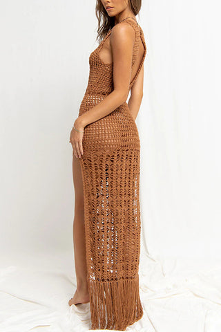 Sleeveless Crochet Dress with Fringe Hem