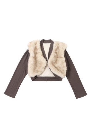 Plush Panel Ribbed Sleeve Cropped Jacket