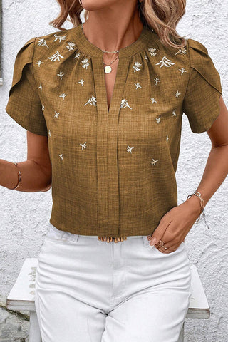 Patterned Pleated Short Sleeve Top